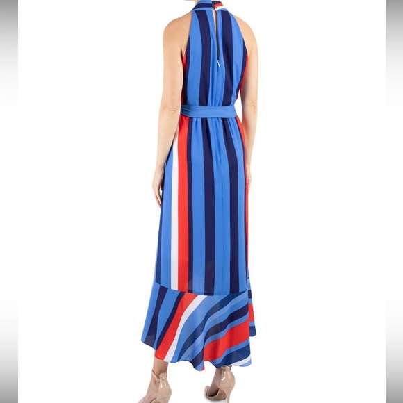 JULIA JORDAN
Women's Halter Surplus Hi-Low Belted Midi Dress In Blue Multi - Picture 7 of 16